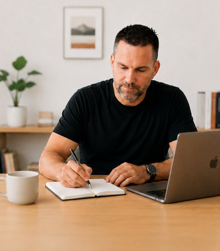 Mark writing in his notebook at his desk